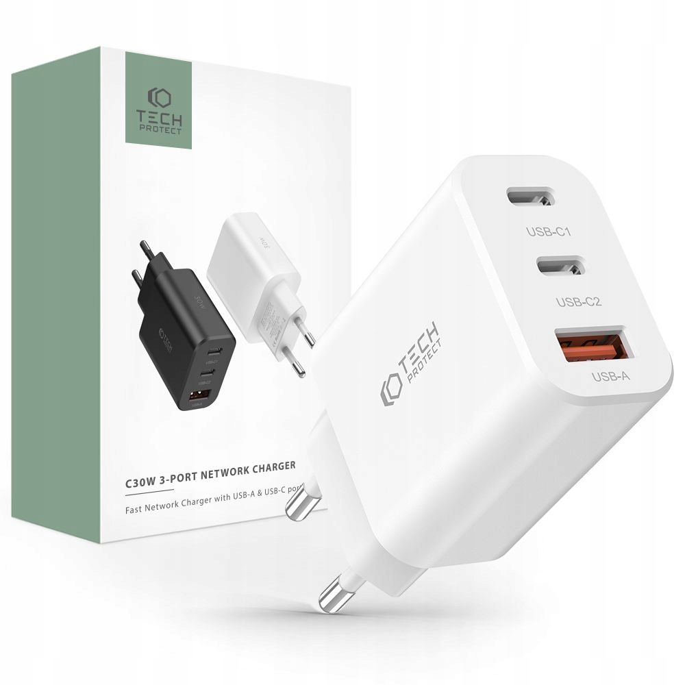 30W Tech-Protect PD USB-C USB-A nástenná nabíjačka